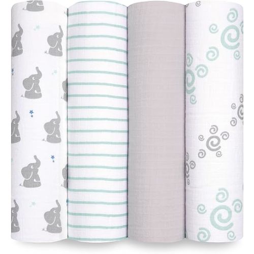aden + anais Essentials Muslin Swaddle Blankets for Baby Girls and Boys, Newborn Receiving Blanket for Swaddling, 100% Cotton Baby Swaddle Wrap, 4 Pack, Baby Star-Elephants