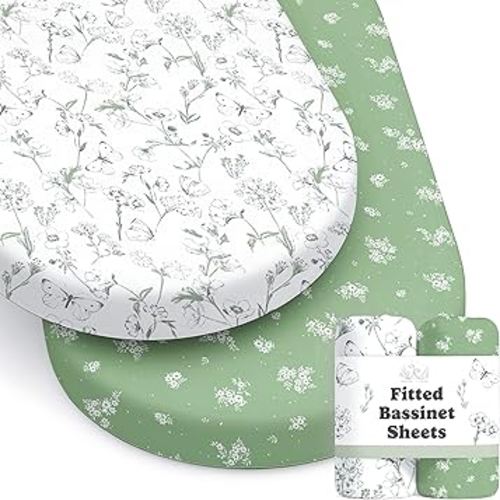 Baby Bassinet Sheets Girl (Butterfly Garden) 2-Pack - Fitted Bedside Bassinet Sheets - Buttery Soft Cotton Blend for Standard Mattress Pad - Compatible with Halo BassiNest