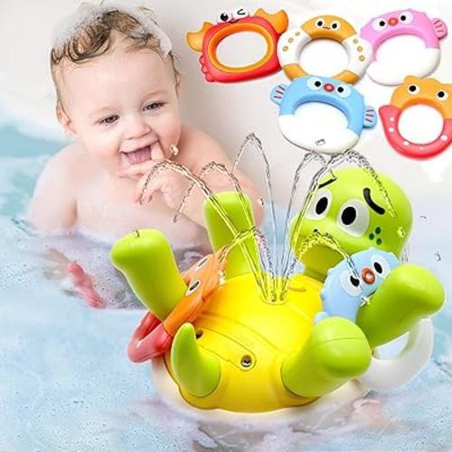 Swimming Turtles Bath Toy, Cute Baby Bath Toys with One-Touch Water Spray Button, Rechargeable Pool Bath Toys for Kids Ages 1-3, Toddler Bathtub Toys with 5 Rings, Water Toys for Toddlers 1-3 Gift