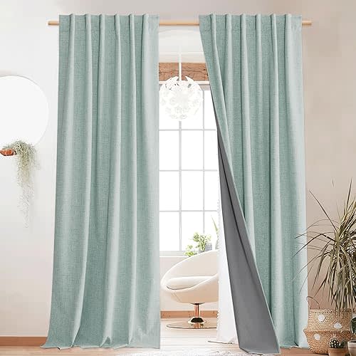 NICETOWN Seafoam Green Living Room Completely Shaded Linen Textured Draperies, 2 Pieces, W52 x L84, Privacy Protection & Noise Reducing Ring Top Drapes, White Lined Insulated Window Treatment Curtains