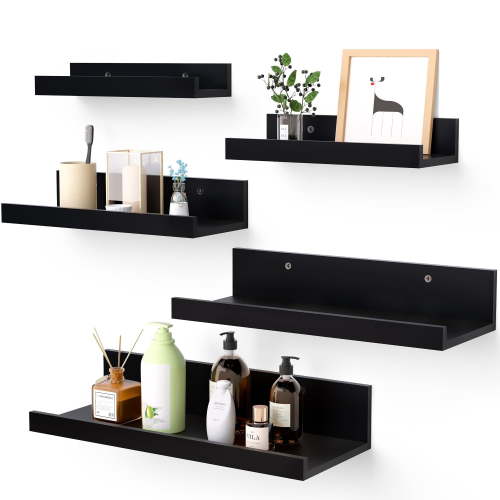 Upsimples Floating Shelves, Wood Wall Shelves Set of 5, Black, Multiple Sizes, Rustic Storage Decor