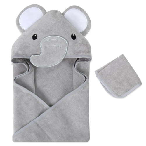 Baby Essentials 2 Piece Hooded Cotton Bath Towel and Washcloth Set for Infants, Newborns and Toddlers 3 – 24 Months for Bath Time, Showers, Lounge, Beach and Pool in Elegant Gray Elephant