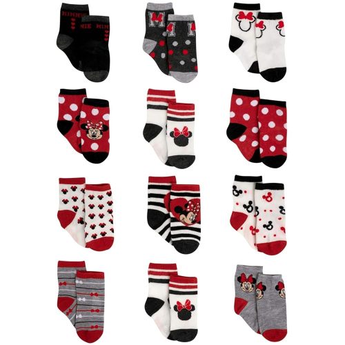 Disney Baby Girls Socks - 12 Pack Soft Newborn Baby Socks Character Prints - Cute Newborn and Infant Socks, 0-24M, Size 12-24 Months, Minnie Mouse Black/Red