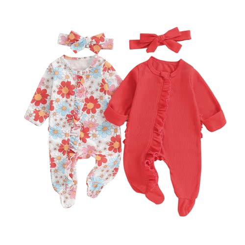 Baby Girl Footies Newborn Zipper Sleeper 2 Pack Ruffle Pajamas Romper Coming Home Outfit