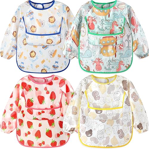 Accmor 4 Pack Long Sleeve Baby Bibs, Waterproof Sleeved Bibs for Eating Feeding, Toddler Baby Girls Boys Smock Bibs