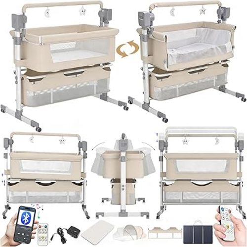 Electric Bluetooth Smart Baby Bedside Crib, Infant Bedside Cot, Convertible Foldable Baby Bassinet Crib with Remote Control, Music, 5 Swaying Gears (601 Beige)
