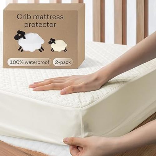 Crib 2 Pack 100% Waterproof Mattress Protector, Soft Breathable Crib Mattress Protector with Deep Pocket, Crib Mattress Pad for Toddler and Baby (52x28, White, Beige) - Viscose Made from Bamboo