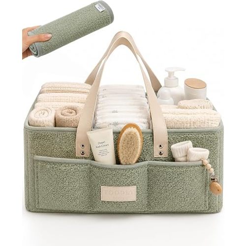 Baby Diaper Caddy Organizer with Portable Changing Mat - Teddy Fleece Diaper Organizer for Changing Table - Basket for Changing Essentials - Baby Essentials Organizer with Removable Dividers