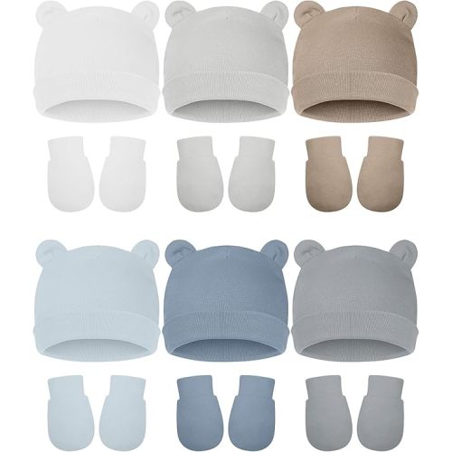 Geyoga 12 Pieces Newborn Hat Mittens Gloves Set Baby Boys Girls Cotton Baby Beanie for 0-12 Months