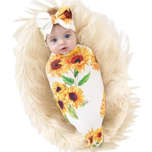 Galabloomer Newborn Sunflower Receiving Blanket Headband Set Baby Flower Rose Swaddle with Big Bow