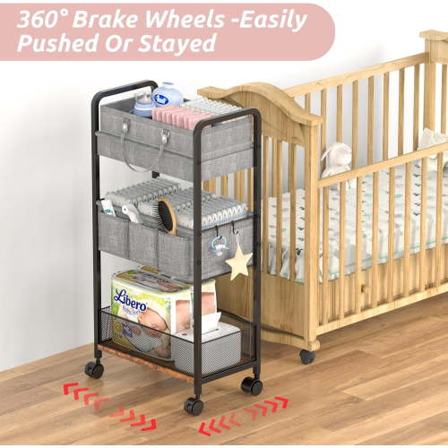 2-in-1 Diaper Caddy & 3-Tier Rolling Cart - Large Capacity Nursery Organizer with Dividers