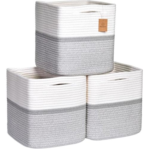 NaturalCozy Storage Cubes 11 Inch Cotton Rope Woven Baskets for Organizing, 3-Pack | Cube Storage Bin | Square Storage Baskets for Shelves Organizer, Classroom, Kids Toy Bins, Closet, Baby Nursery