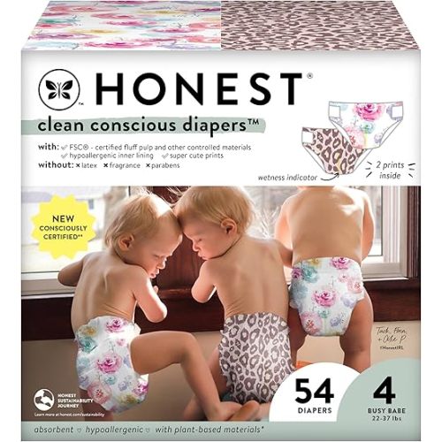 The Honest Company Clean Conscious Diapers | Plant-Based, Sustainable | Wild Thang + Rose Blossom | Club Box, Size 4 (22-37 lbs), 54 Count