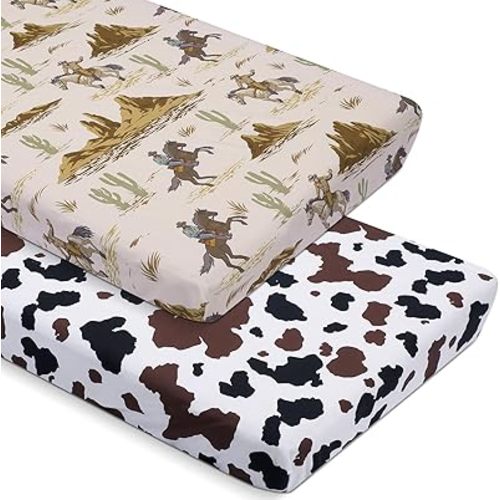 2 Pcs Western Cowboy Crib Sheet Set 52 x 28 x 8 Inches Baby Sheet Newborn Bedding Nursery Crib Sheets for Girl Boys Baby Gifts for Standard Crib and Toddler Mattresses