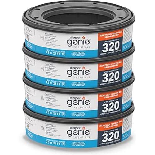 Diaper Genie Essentials Round Refill Pack of 4 | Holds Up to 1280 Newborn Diapers | Features Unscented Continuous Film | Compatible with Diaper Genie Complete and Expressions Pails