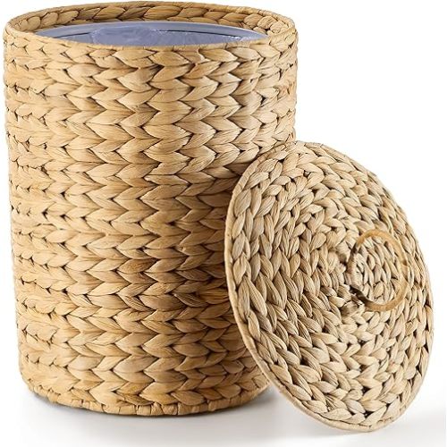 BLUEWEST 3 Gallons Wicker Trash Can with Lid,Handwoven Rattan Trash Can, Woven Decorative Wastebasket, Wicker Waste Basket with Removable Plastic Inner Bin for Bathroom, Bedroom, Office, or Kitchen