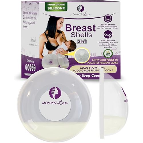 Mommyz Love Breast Shells & Milk Catcher for Breastfeeding New Model with Plugs - Breast Milk Catcher to Relieve Cracked Sore & Engorged Nipples - Breast Shells Milk Collector for Leaking Milk 2 Pack
