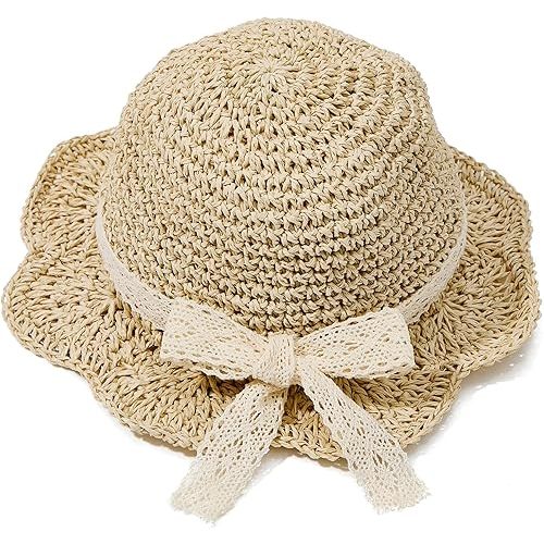 Zando Toddler Girl Straw Sun Hat for Baby with Lace Bow Bucket Hats for Boys Girls Outdoor Summer Beach Hat for Little Kids