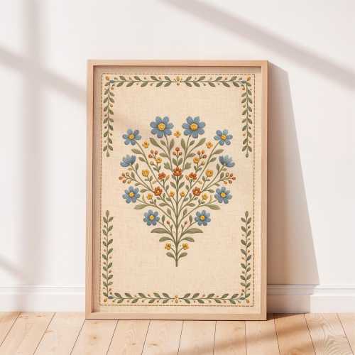 Scandinavian Folk Wildflower Wall Art, Nordic Floral Embroidery Print, Vintage Folk Botanical Poster, Cottagecore Floral Decor.