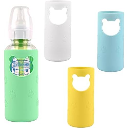 4 Pack Silicone Sleeves for Dr Brown's Glass Baby Bottles, Anti Breakage Baby Bottle Holder, Compatible Dr. Brown's Natural Narrow Glass Baby Bottles 8 oz, BPA Free (White+Blue+Green+Yellow)