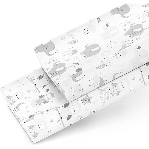 Changing Pad Covers for Baby Diaper Changing Table Pad – Neutral for Boys and Girls 100% Jersey Cotton Sheets – Grey White Elephant, Star, Cloud, Moon, Owl – 2 Pack
