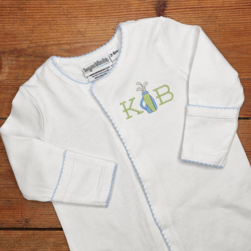 Monogrammed Baby Gown, Monogrammed Baby Footie, Coming Home from Hospital Outfit, Customized Baby Shower Gift, Golf Motif, Boy or Girl