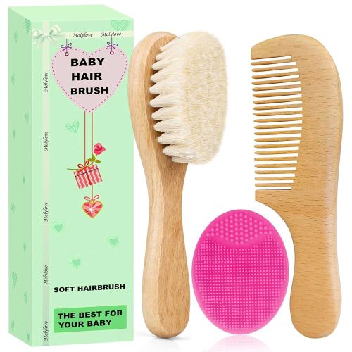 Baby Hair Brush with Wooden Handle and Comb Set for Newborns & Toddlers | Natural Soft Goat Bristles l Wood Comb l Rose Red Cradle Cap Brush | Ideal for Cradle Cap (3 Piece)