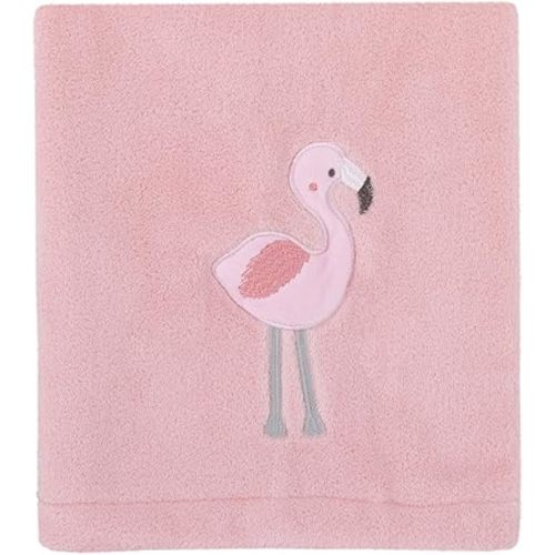 Nojo Tropical Flamingo Pink Plush Coral Fleece Baby Blanket With Applique, Pink, White, Aqua