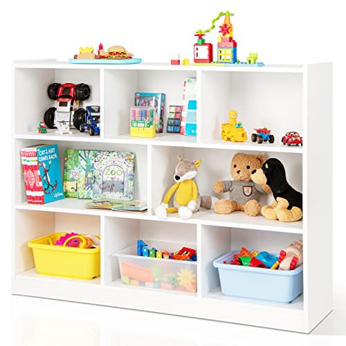 Costzon Kids Toy Organizers and Storage, Wooden 3 Tier Bookshelf with 8 Compartment Cubes to Organize Books, Toys, Home Furniture for Toddlers Playroom, Bedroom, Living Room, Nursery (White)