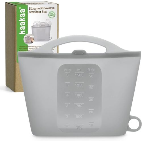 Haakaa Silicone Microwave Steam Sterilizer Bags for Travel, Reusable Silicone Steaming Bags for Baby Bottles, Breast Pump, Accessories, Pacifiers and Teethers, Great for Home and On-the-Go, Grey (1PC)
