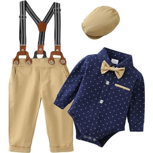 CARETOO Baby Boy Clothes Cotton Fabric Formal Outfits Shirt Suspender Pants Bowtie Beret Hat 4pcs