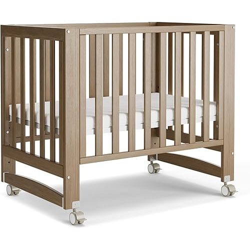 EvoNest Baby Crib, 6 in 1 Convertible Mini Crib with Wheels, 100% New Zealand Pinewood Growing Bed, 4 Adjustable Mattress Heights,Walnut Brown (Walnut Brown)