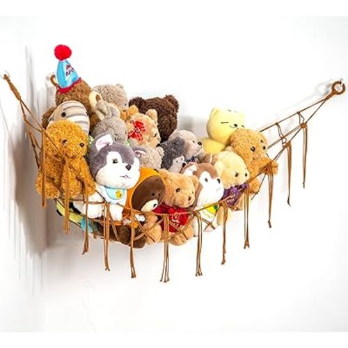 Macrame Stuffed Animal Net or Hammock Hanging Net for Plush Toy Holder Squishmallow Net Toy Hammock for Stuffed Animals Storage Ideas Plushie Net Hammock-Caramel Color