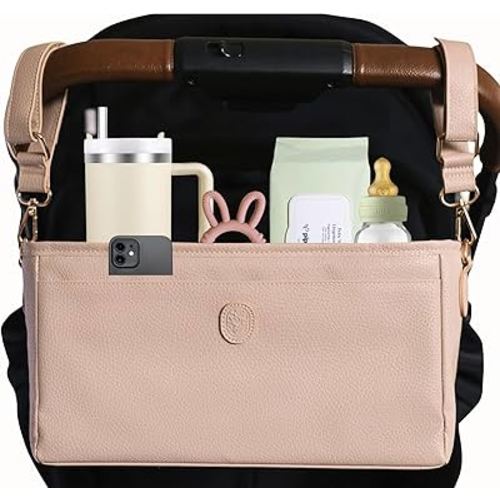 Vegan Leather Stroller Caddy with Cup Holder - Universal Stroller Organizer with Cup Holder, 4 Built-In Pockets, Shoulder Strap, Stroller Cup Holder fits Mockingbird, UppaBaby, Nuna, BOB, and More