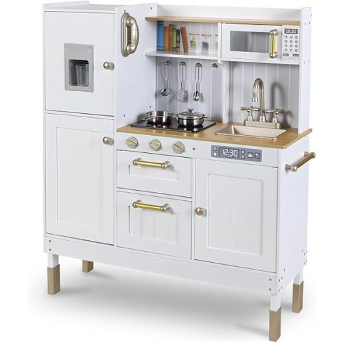 Arlopu Play Kitchen for Kids, Pretend Preschool Kitchen Sets, Wooden Cooking Playset w/Realistic Light & Sound, Telephone, Stove, Fridge, Microwave, Removable Sink, Water Dispenser (White)