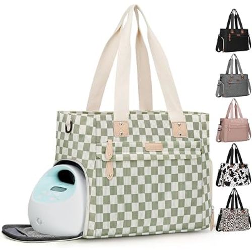 Pritent Diaper Bag Tote for Working Mom, Large Travel Diaper Tote for Mom and Dad with 14 Inch Laptop Sleeve, Mommy Maternity Travel Baby Bag for Boys and Girls, Checkered Green