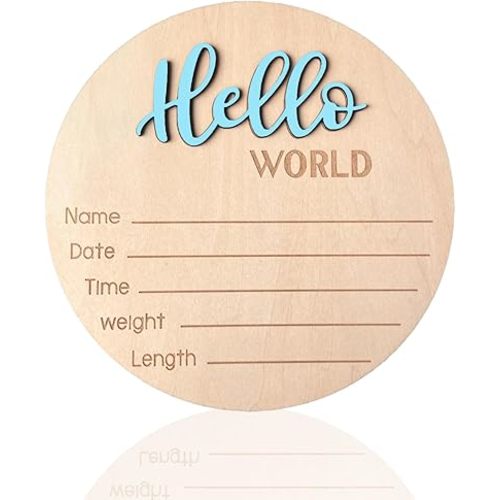 Baby Announcement Sign, 5.9 Inch Wooden Hello World Newborn Signs, Birth Announcement Sign, Baby Shower Hospital Nursery for Newborn Boys and Girls (Sky blue)