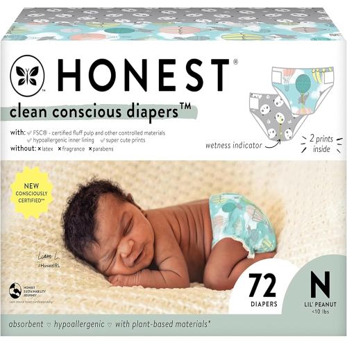 The Honest Company Clean Conscious Diapers for Sensitive Skin | Hypoallergenic, Fragrance Free | Gender Neutral Prints | Club Box, Size Newborn, 72 Count (Prints May Temporarily Vary)
