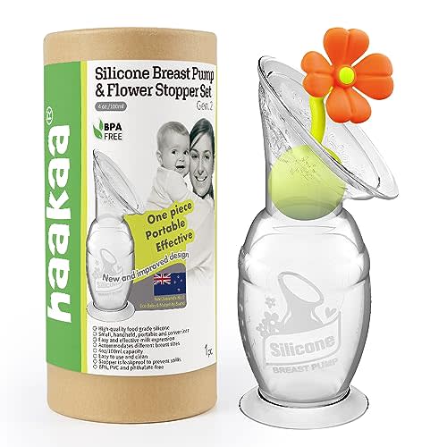 haakaa Manual Breast Pump Silicone Breast Pump Milk Saver Milk Pump with Suction Base and Flower Stopper 100% Food Grade Silicone BPA Free (4oz/100ml) (Orange)