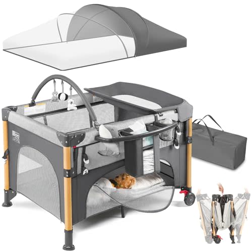 Baby Bassinet Bedside Crib with One-Hand Setup 5-in-1 Foldable Pack n Play for Travel, Portable Baby Bassinet with Diaper Changer & Adjustable Mattress for Newborn to Toddler (Grey)