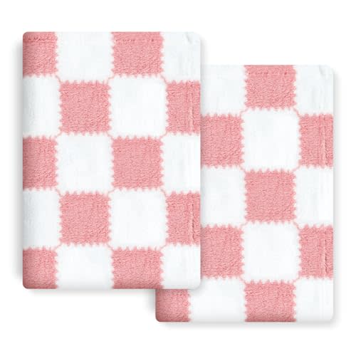 Checkered Baby Blanket for Girls, 2 Pack Soft Baby Girl Blankets, Small 28 x 40 inches Toddler Fleece Blanket, Essentials Crib Stroller Items, Newborn Gift (Pink)