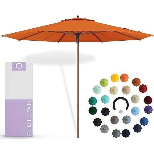 Midtown Umbrellas The Wooden 10 Feet Patio Umbrella With Sunbrella Canvas Tuscan Acrylic Fabric - Aluminum Frame Market Umbrella For Backyard, Deck, Garden, Pool - Wooden Pole