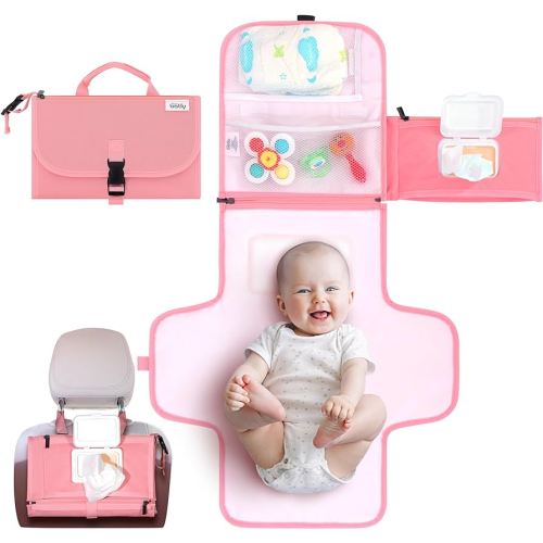 Kopi Baby Portable Diaper Changing Pad - Baby Diaper Changer Travel Bag with Wipes Pocket, Smart Design Portable Changing Mat, Infant Travel Station Kit, Gift for Newborn Girl & Boy - Pink, Classic
