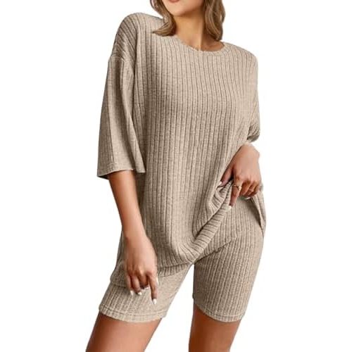 NORACORA Pajamas 2 Piece Lounge Sets Ribbed Knit for Women Matching T-shirt Shorts Outfits Sleepwear
