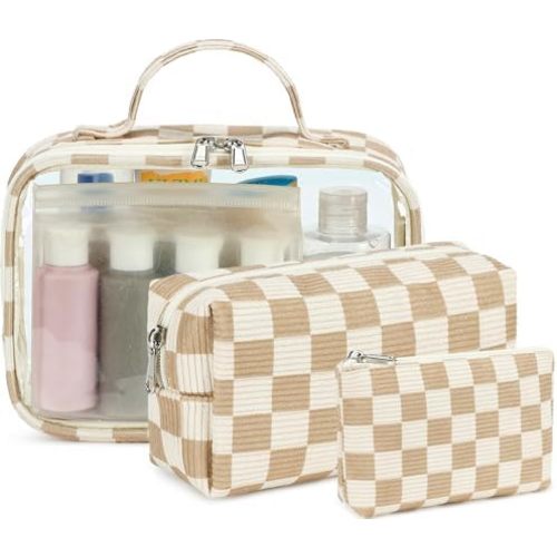 Bluboon 3Pcs Makeup Toiletry Bag for Women, Clear Packing Cubes Cosmetic Bag for Travel Women With Zipper Travel Essentials (Corduroy Checkered)