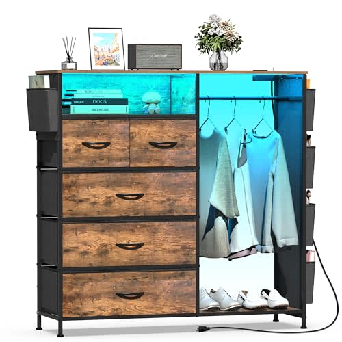 Espelism Dresser for Bedroom with Clothes Rack Side Pockets 5 Drawer Dresser with Charging Station LED Lights Black Storage Chest of Drawers for Hallway Closet Sturdy Steel Frame Wood Top (Brown)