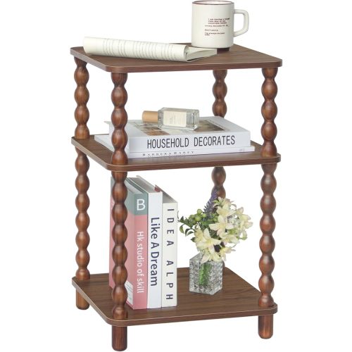 Small Side Table, Walnut End Table Living Room with 3-Tier Shelf