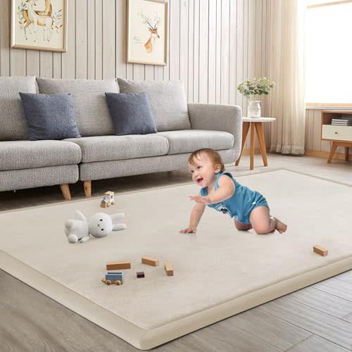 ILPEOD Baby Play Mat for Floor Tummy Time Mat Nursery Rug Muscle Mat Area Rug Playroom Rug Tatami Mat 6'7"x6'7" Memory Foam 1.3" Thick Crawling Mat for Babies,Toddlers, Infants, Kids,Floor Mat(Beige)