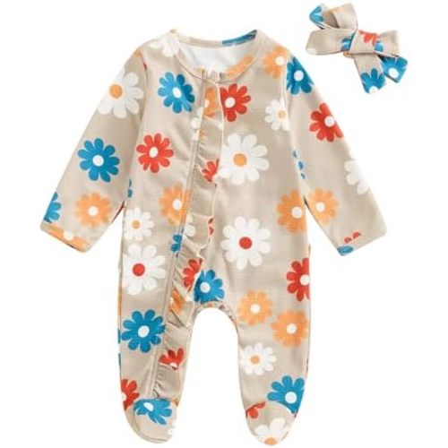 Newborn Baby Girl Coming Home Clothes Long Sleeve Jumpsuit and Headband Infant Fall Winter Outfits