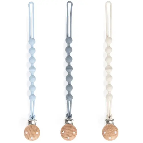 Pacifier Clip, 3 Pack Silicone Pacifier Clips with Wooden Design Pacifier Holder Clip, Soother Clips for Baby Boy & Girl (White+Light Blue+Grayish Blue)